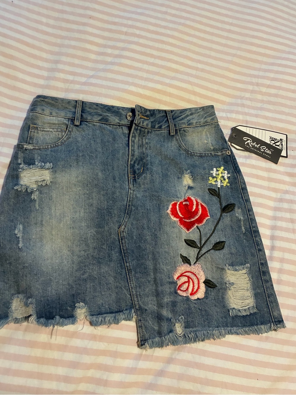 Blue Embroidered Rose Denim Mini Skirt